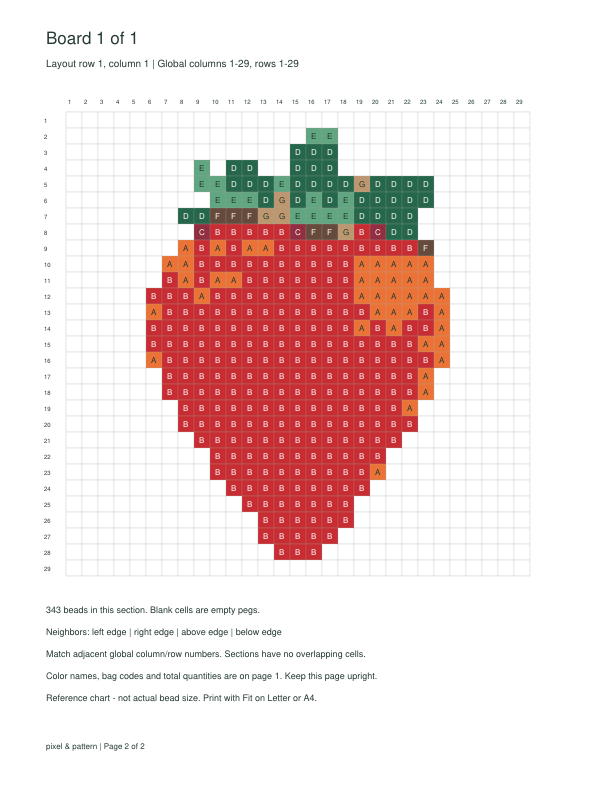 Actual sample PDF board page with letter symbols and numbered rows and columns