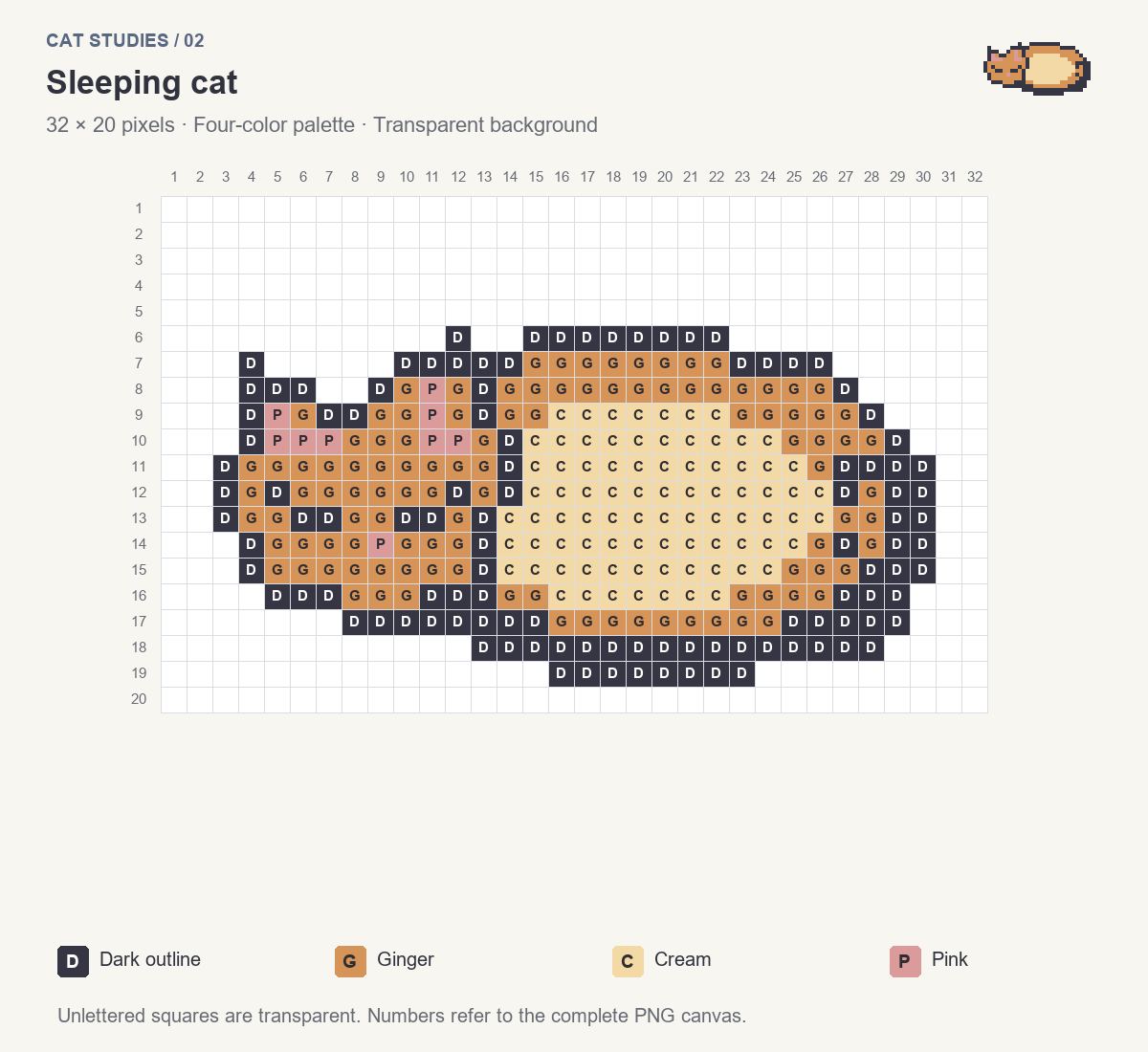 Numbered 32 by 20 grid for the sleeping cat, with four lettered colors and unfilled transparent cells