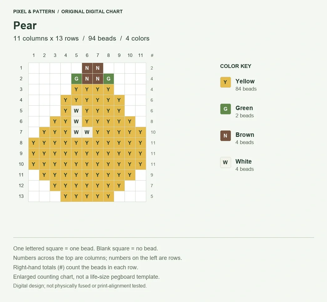 Pear Perler bead pattern on a grid of 11 columns by 13 rows, with 94 beads and a lettered color key