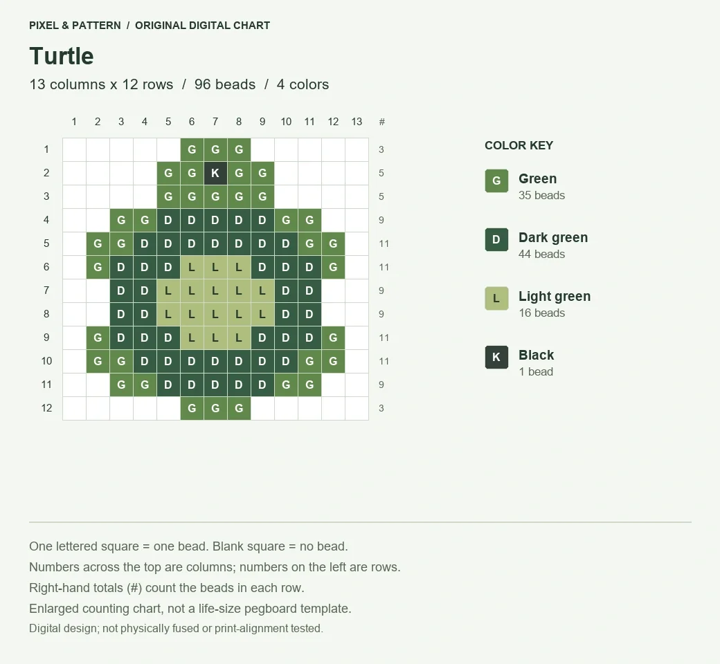 Turtle Perler bead pattern on a grid of 13 columns by 12 rows, with 96 beads and a lettered color key