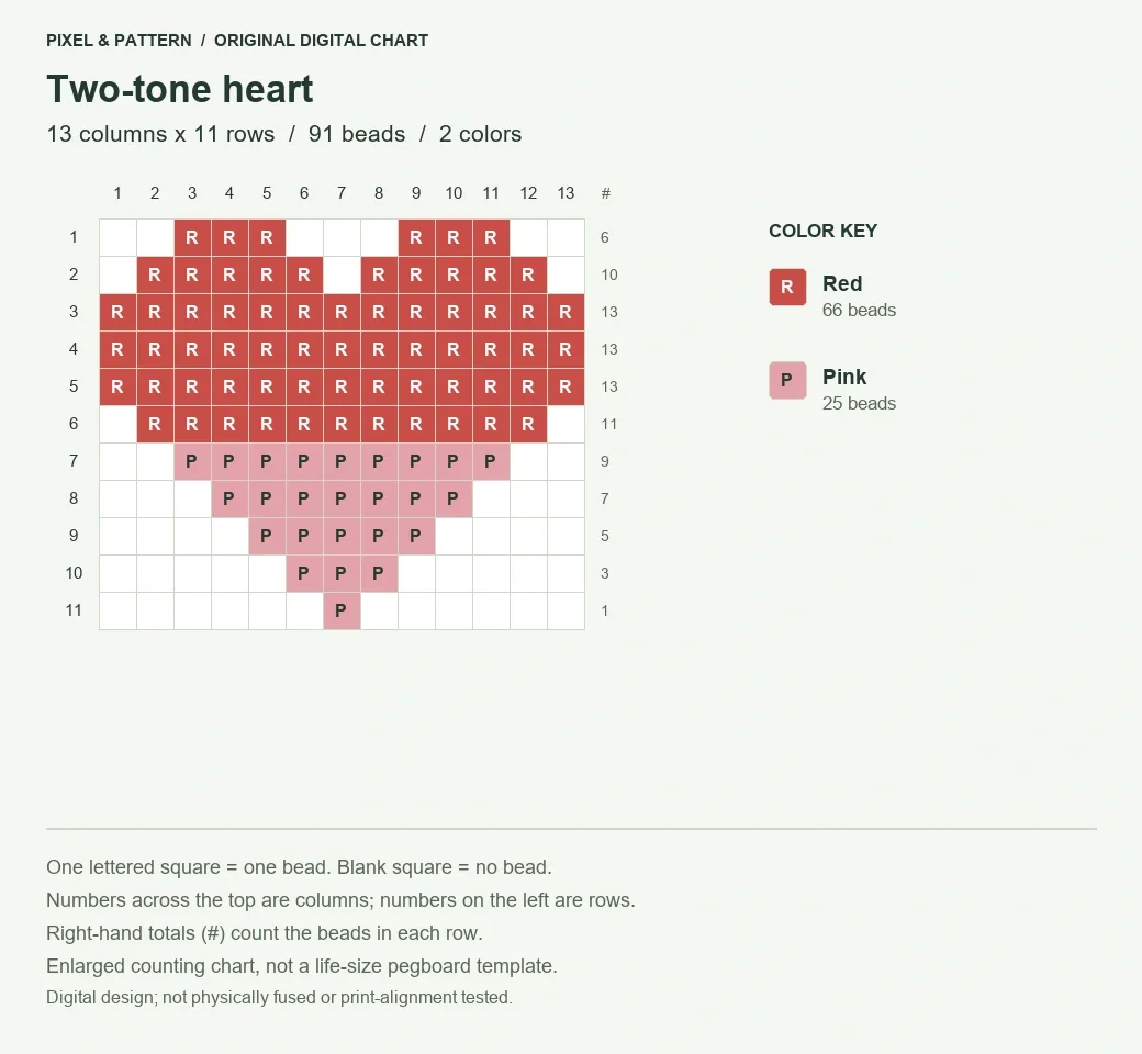 Two-tone heart Perler bead pattern on a grid of 13 columns by 11 rows, with 91 beads and a lettered color key