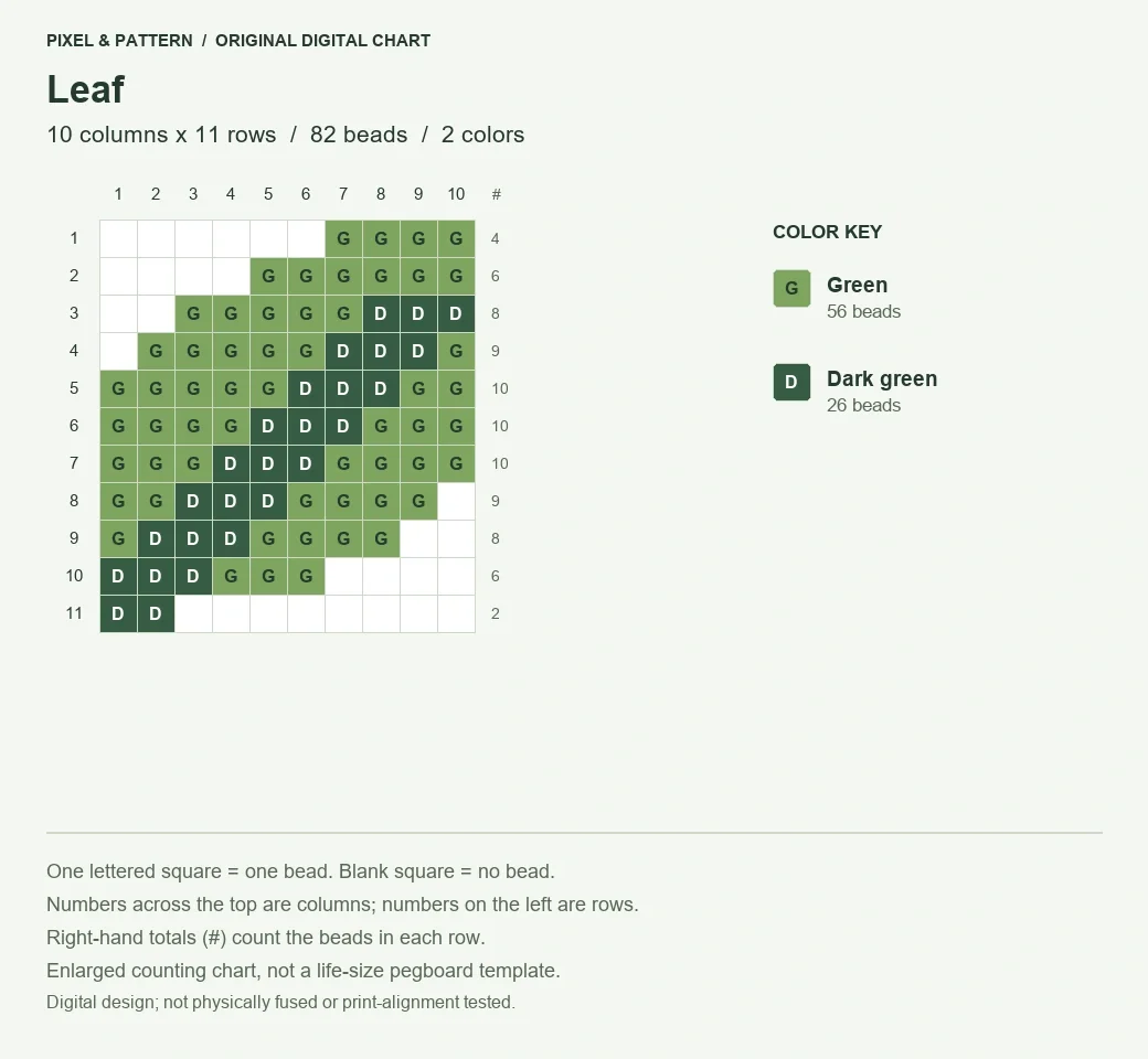 Leaf Perler bead pattern on a grid of 10 columns by 11 rows, with 82 beads and a lettered color key