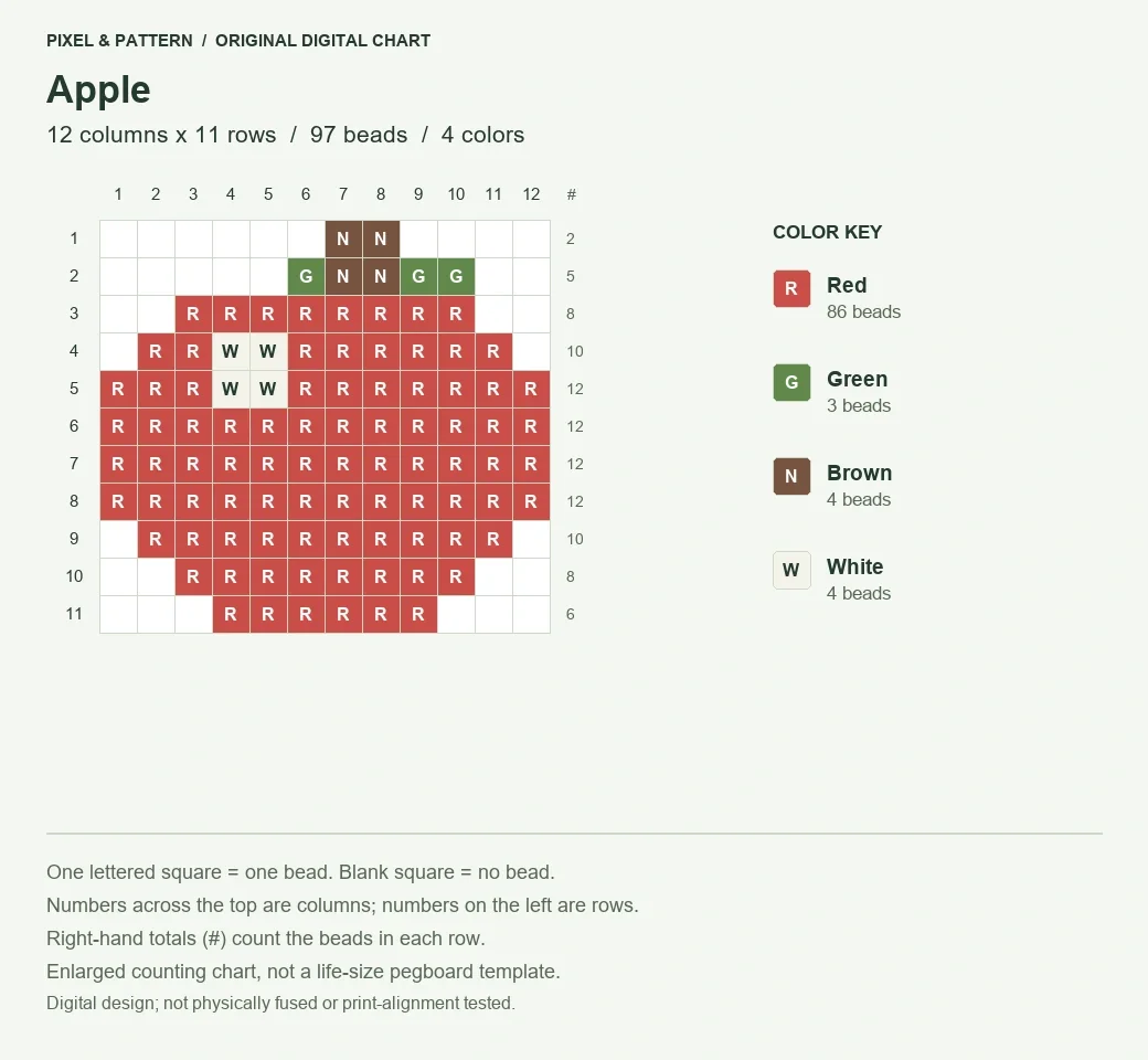 Apple Perler bead pattern on a grid of 12 columns by 11 rows, with 97 beads and a lettered color key