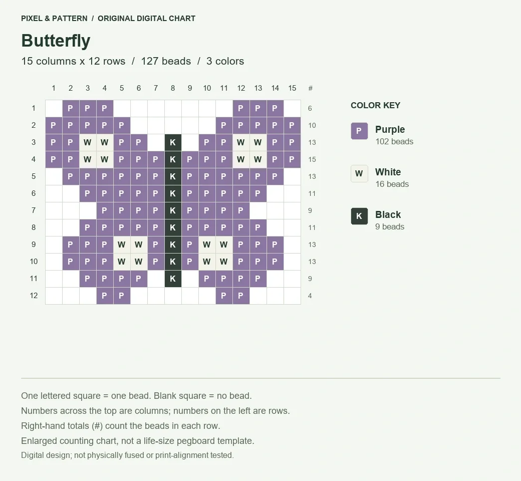 Butterfly Perler bead pattern on a grid of 15 columns by 12 rows, with 127 beads and a lettered color key