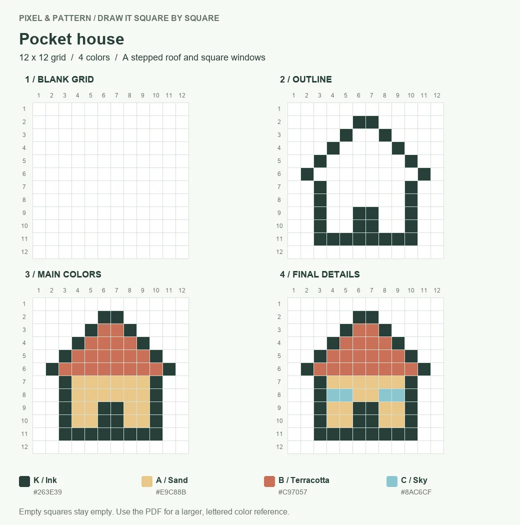 Four drawing stages for a pocket house on a 12 by 12 pixel grid: blank, outline, main colors and finished design