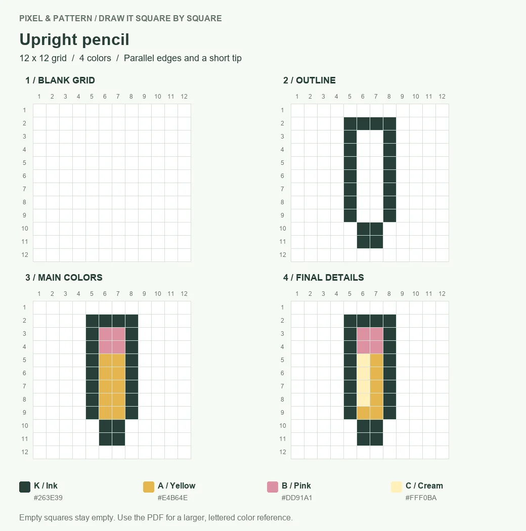 Four drawing stages for a upright pencil on a 12 by 12 pixel grid: blank, outline, main colors and finished design