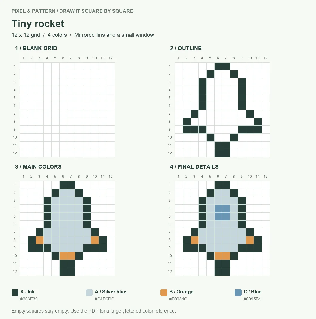 Four drawing stages for a tiny rocket on a 12 by 12 pixel grid: blank, outline, main colors and finished design
