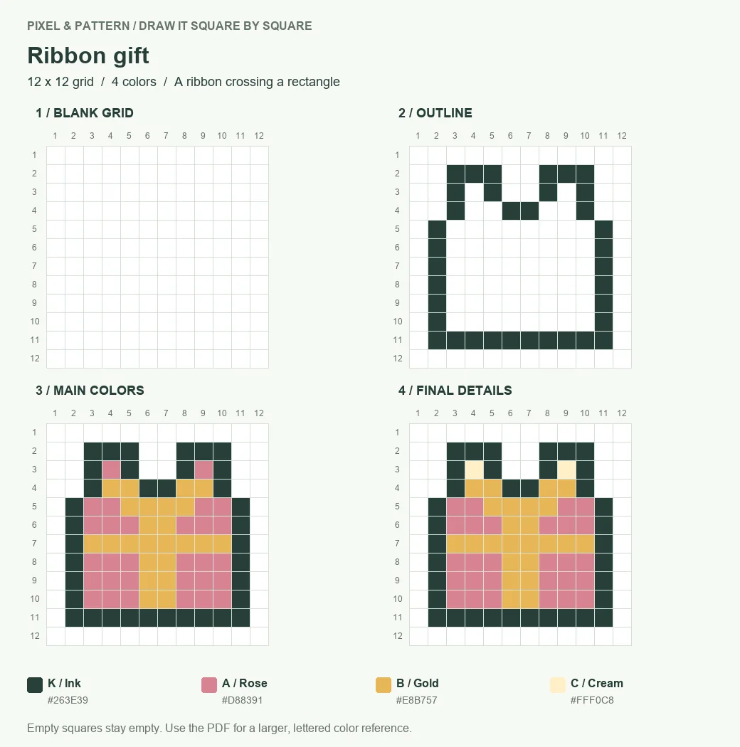 Four drawing stages for a ribbon gift on a 12 by 12 pixel grid: blank, outline, main colors and finished design