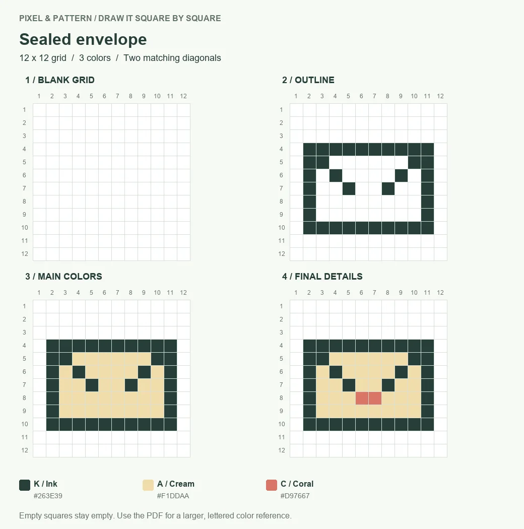 Four drawing stages for a sealed envelope on a 12 by 12 pixel grid: blank, outline, main colors and finished design