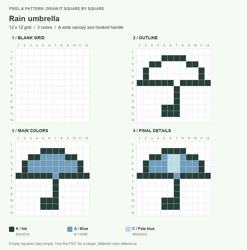 Four drawing stages for a rain umbrella on a 12 by 12 pixel grid: blank, outline, main colors and finished design