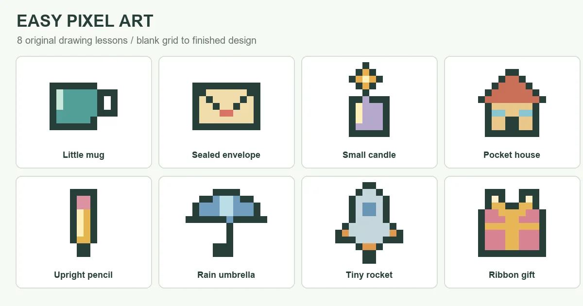 Eight original pixel art drawings: mug, envelope, candle, house, pencil, umbrella, rocket and gift