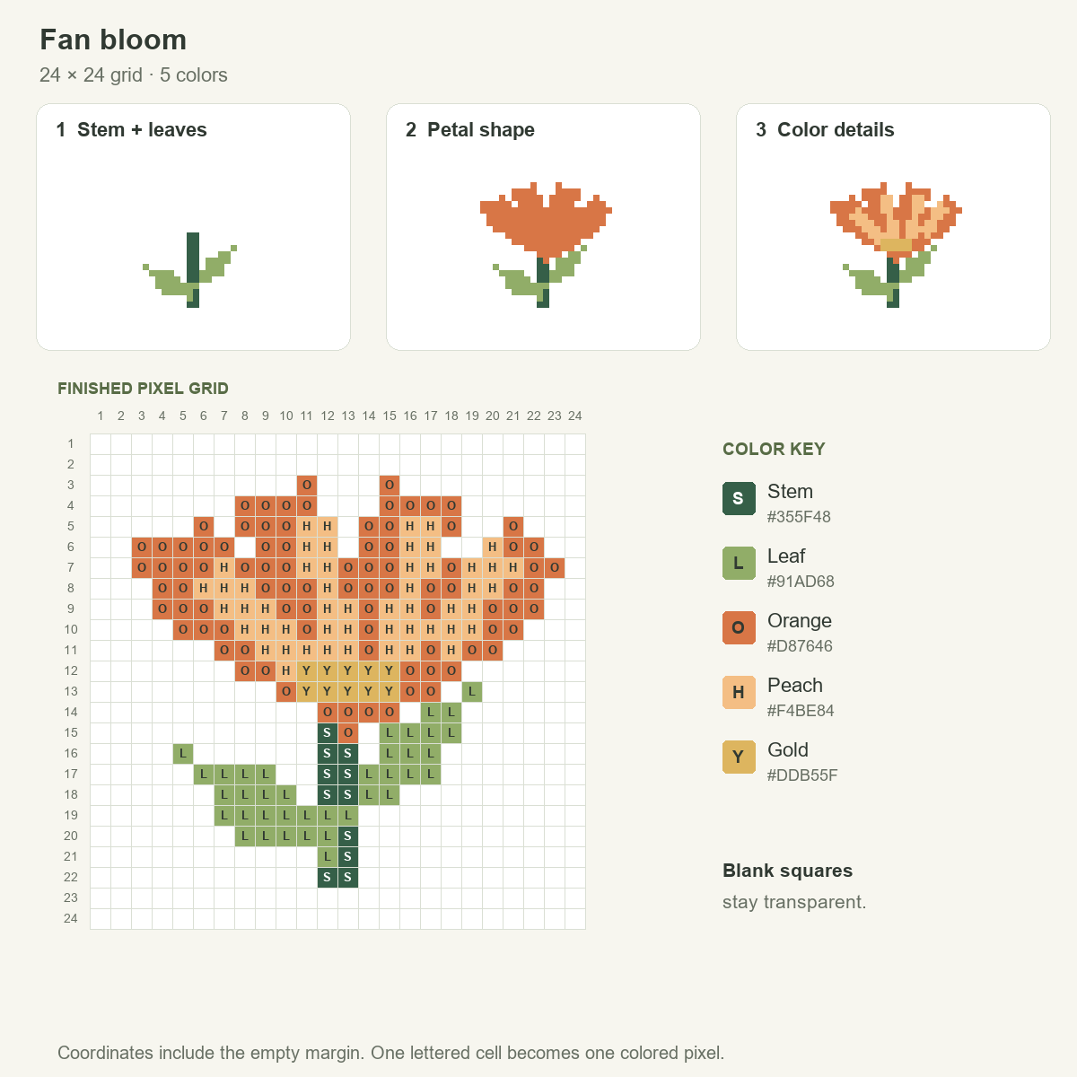 Fan bloom built through stem, petal and detail stages above a numbered 24 by 24 pixel grid and 5-color key