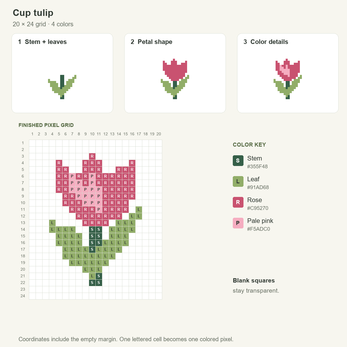 Cup tulip built through stem, petal and detail stages above a numbered 20 by 24 pixel grid and 4-color key