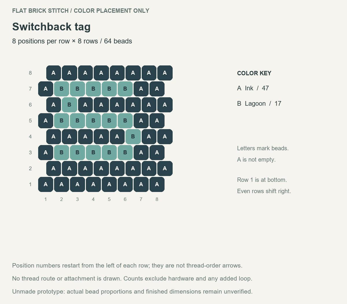Switchback tag staggered bead chart with 8 positions per row, 8 numbered rows and letter-coded color counts