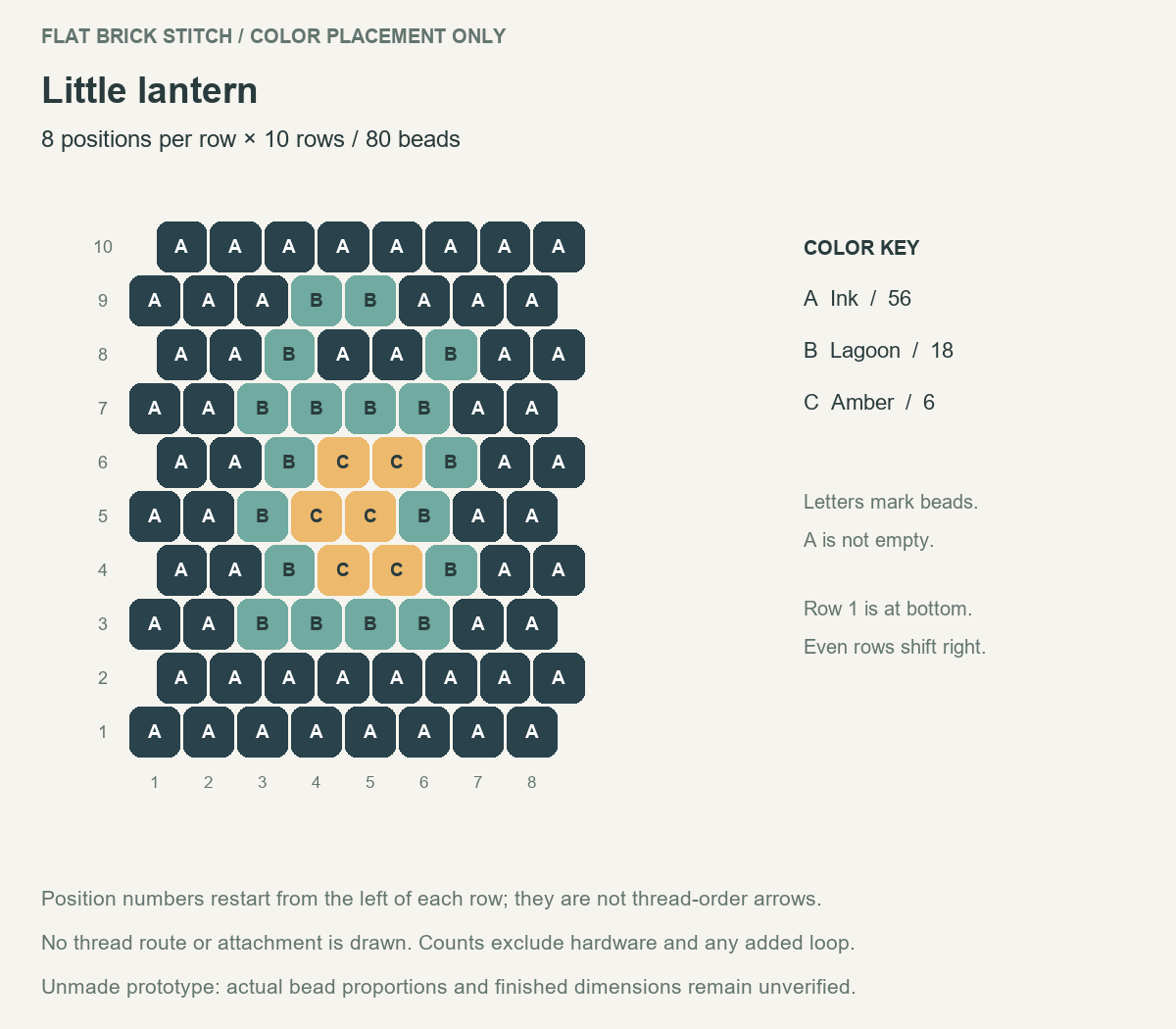 Little lantern staggered bead chart with 8 positions per row, 10 numbered rows and letter-coded color counts