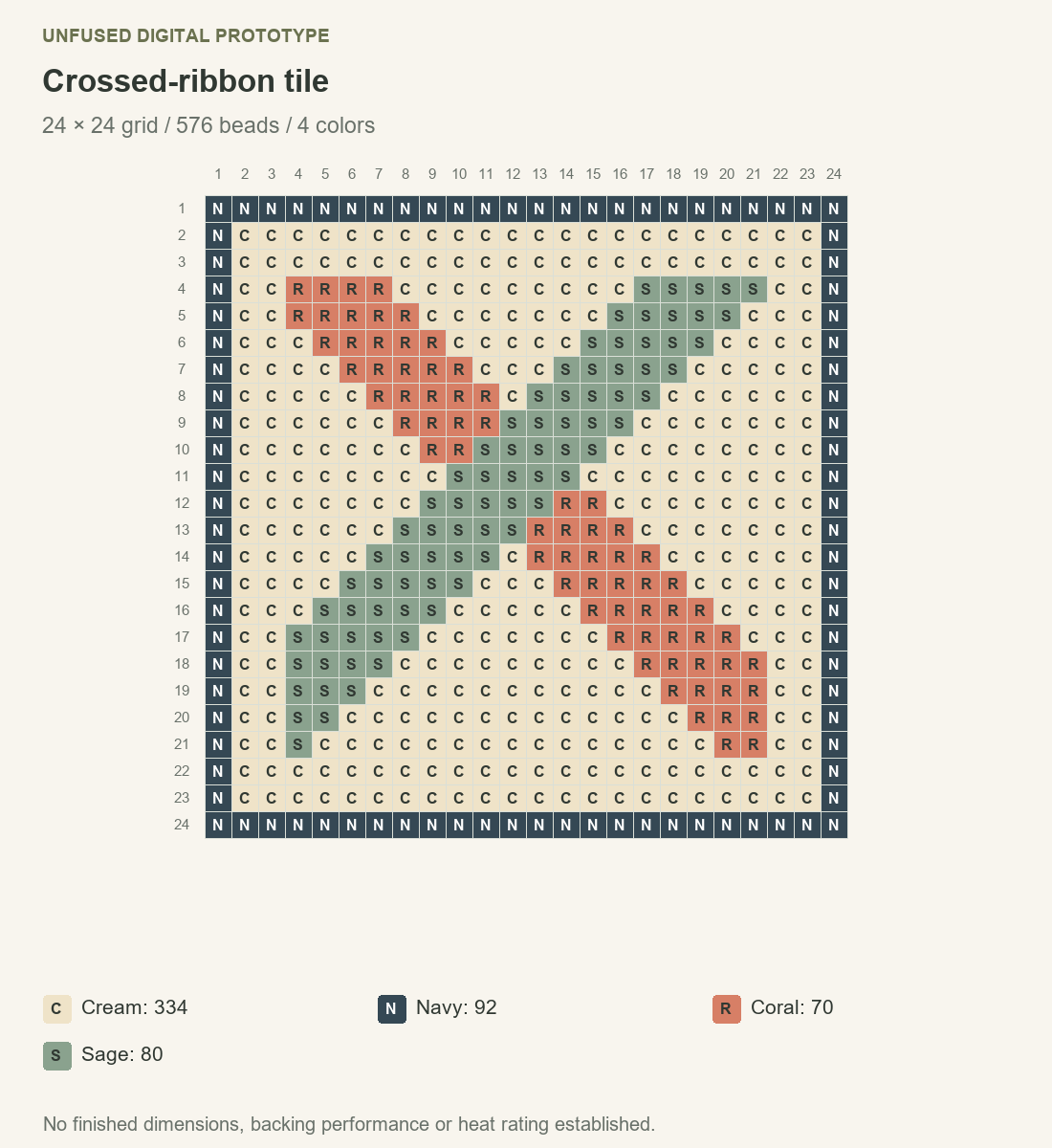 Crossed-ribbon tile unfused prototype: numbered 24 by 24 square grid with lettered colors and 576 bead positions