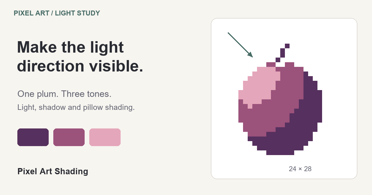 An original purple pixel art plum with upper-left lighting and three swatches for shadow, midtone and light