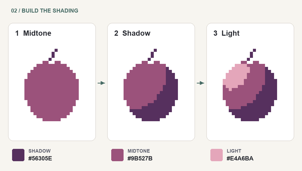 Three stages of the same plum: midtone fill, lower-right shadow, and upper-left light, with the three palette hex codes