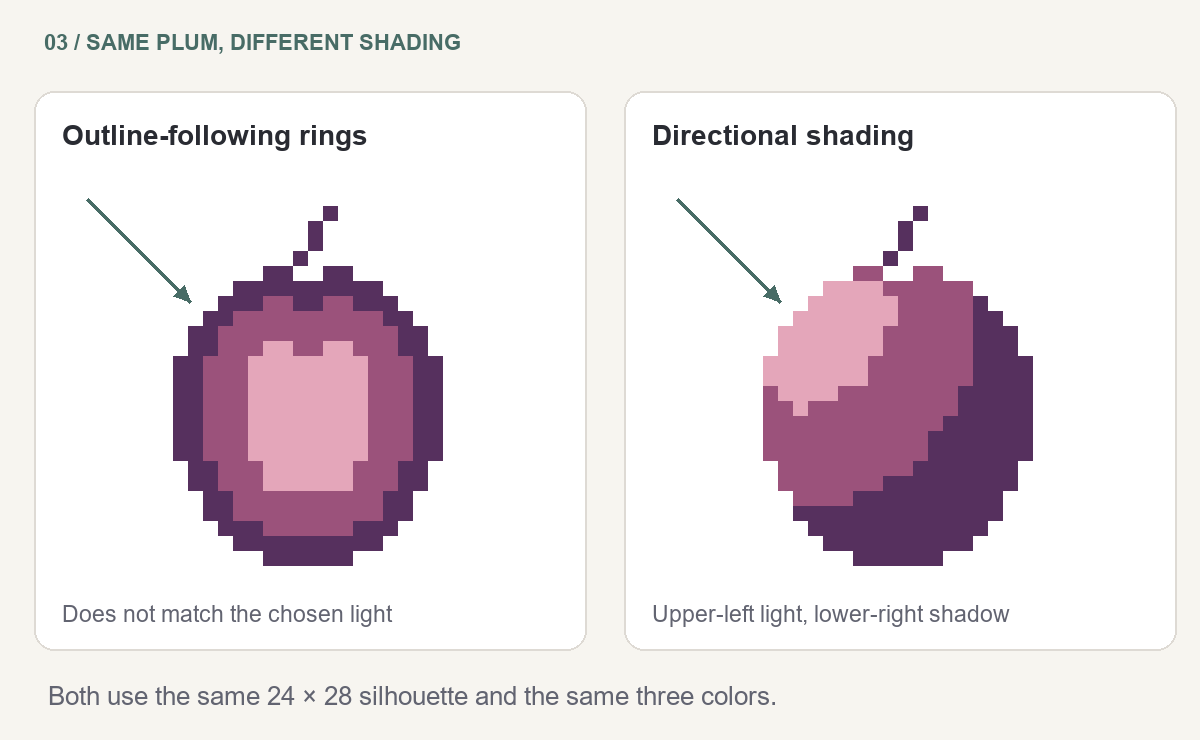 The same plum with centered light and dark outline-following rings on the left, and directional upper-left lighting on the right