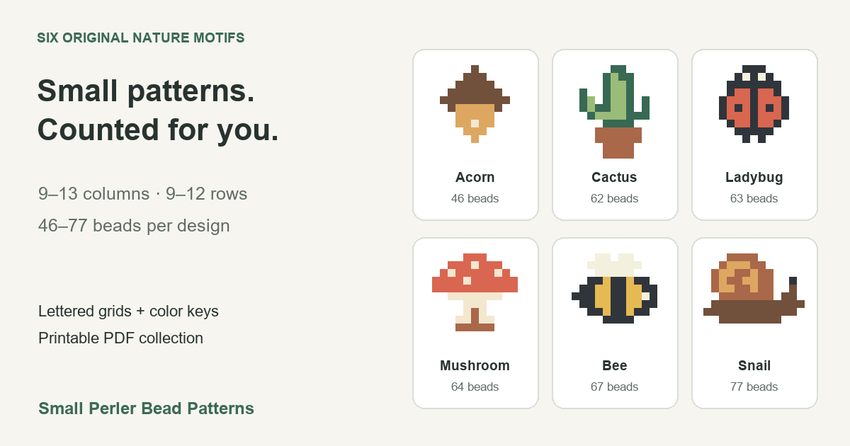 Six original small bead motifs: acorn, cactus, ladybug, mushroom, bee and snail, with a bead count beside each
